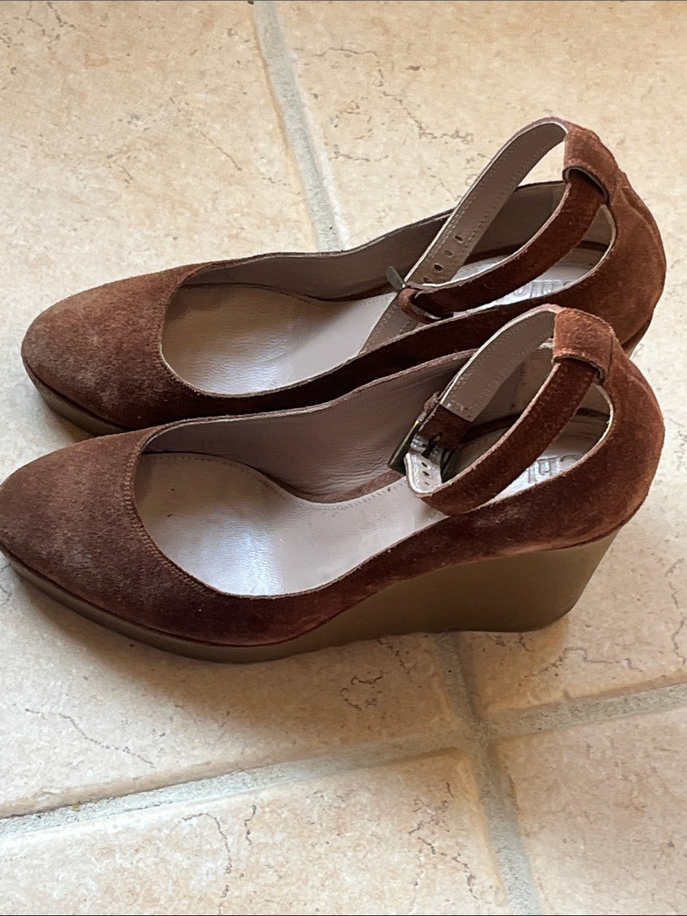 Chloé Suede Wedge Pumps with Ankle Strap, 36.5